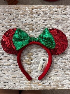Disney Red Sequin Minnie Headband with Green Sequin Bow